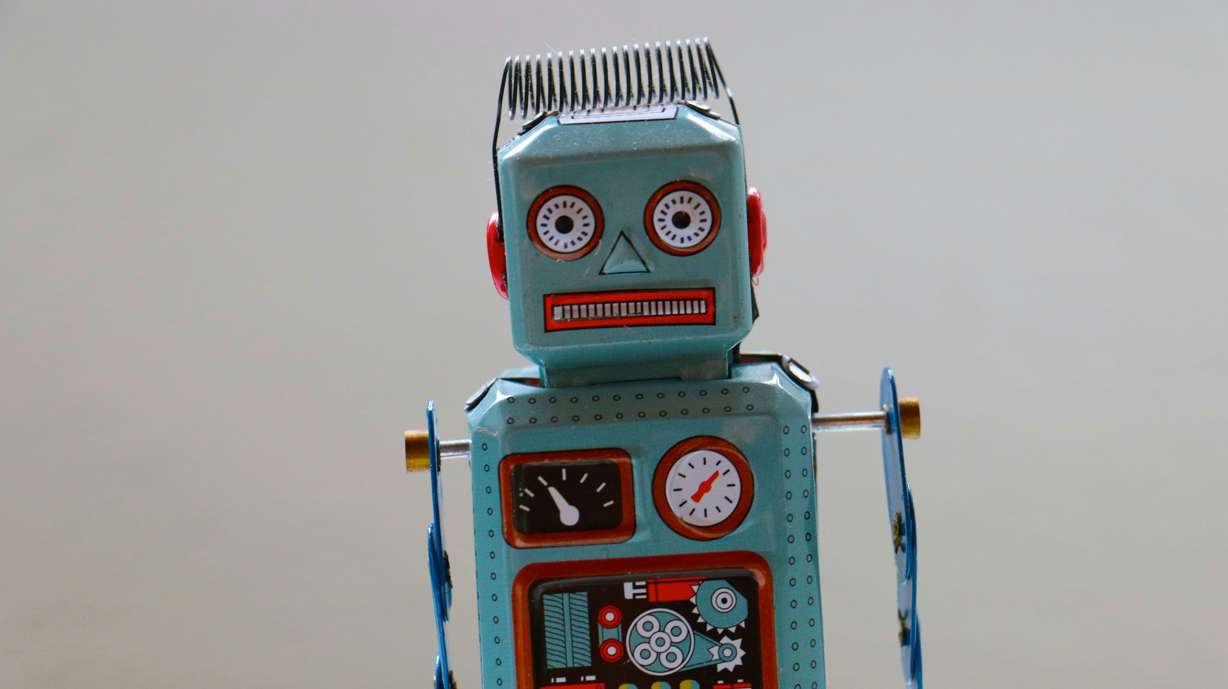 Close-up of a vintage tin toy robot