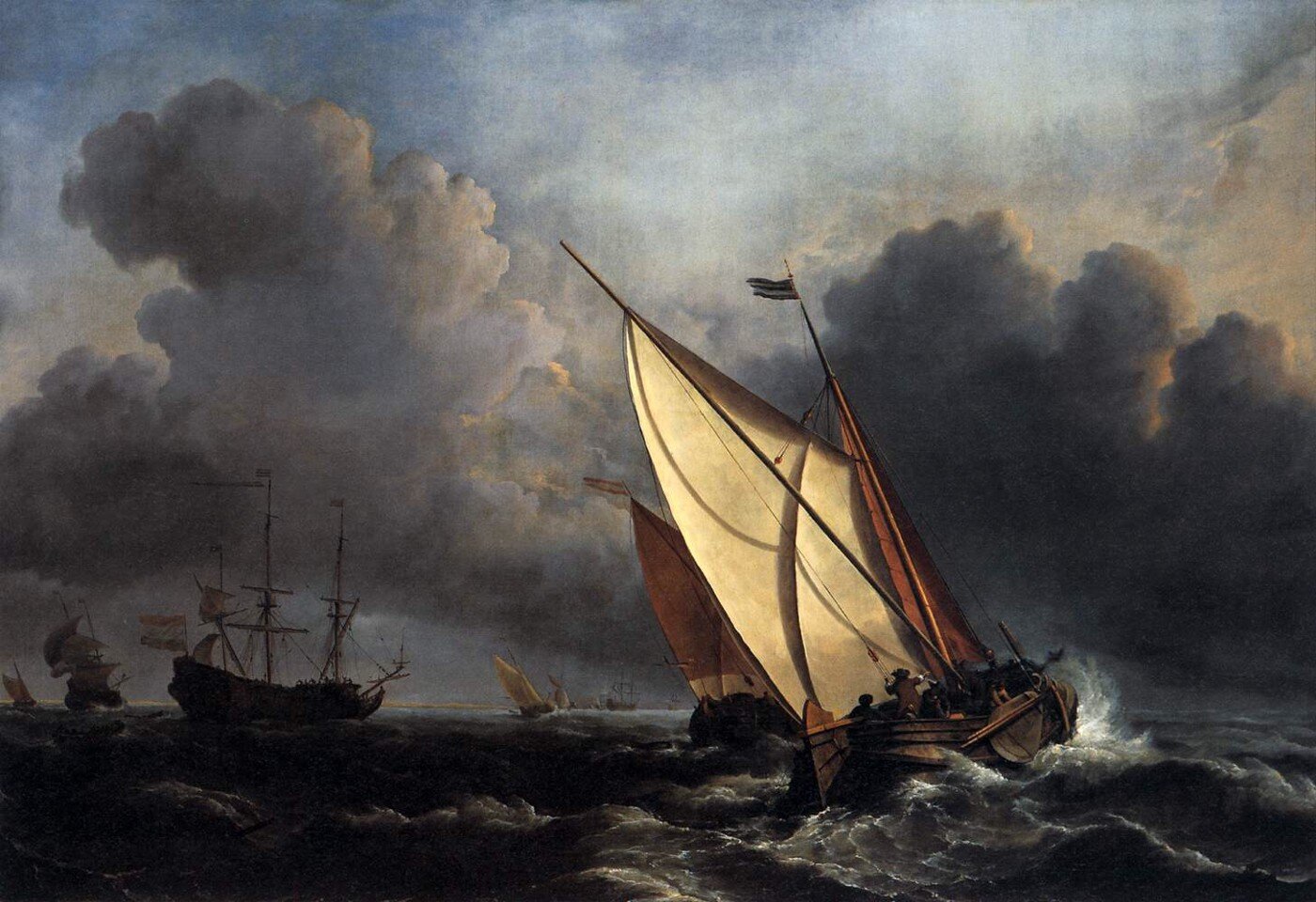 A classical painting of sailing ships navigating stormy seas