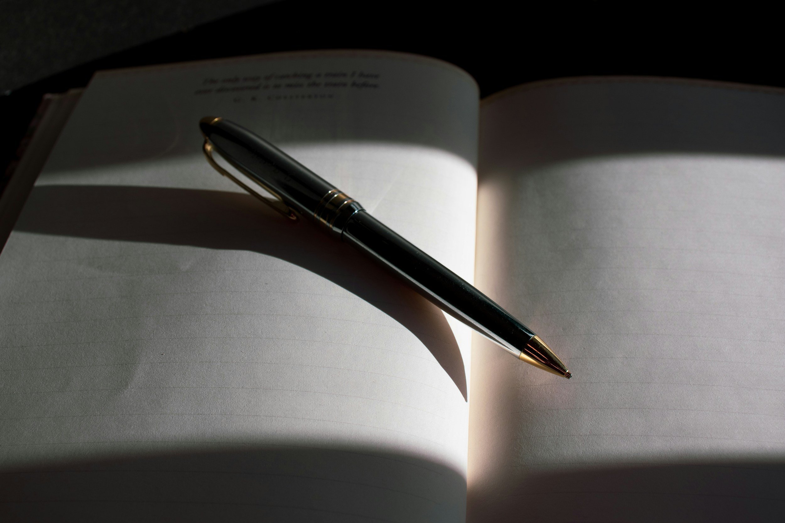 A pen resting on an open book in dramatic light