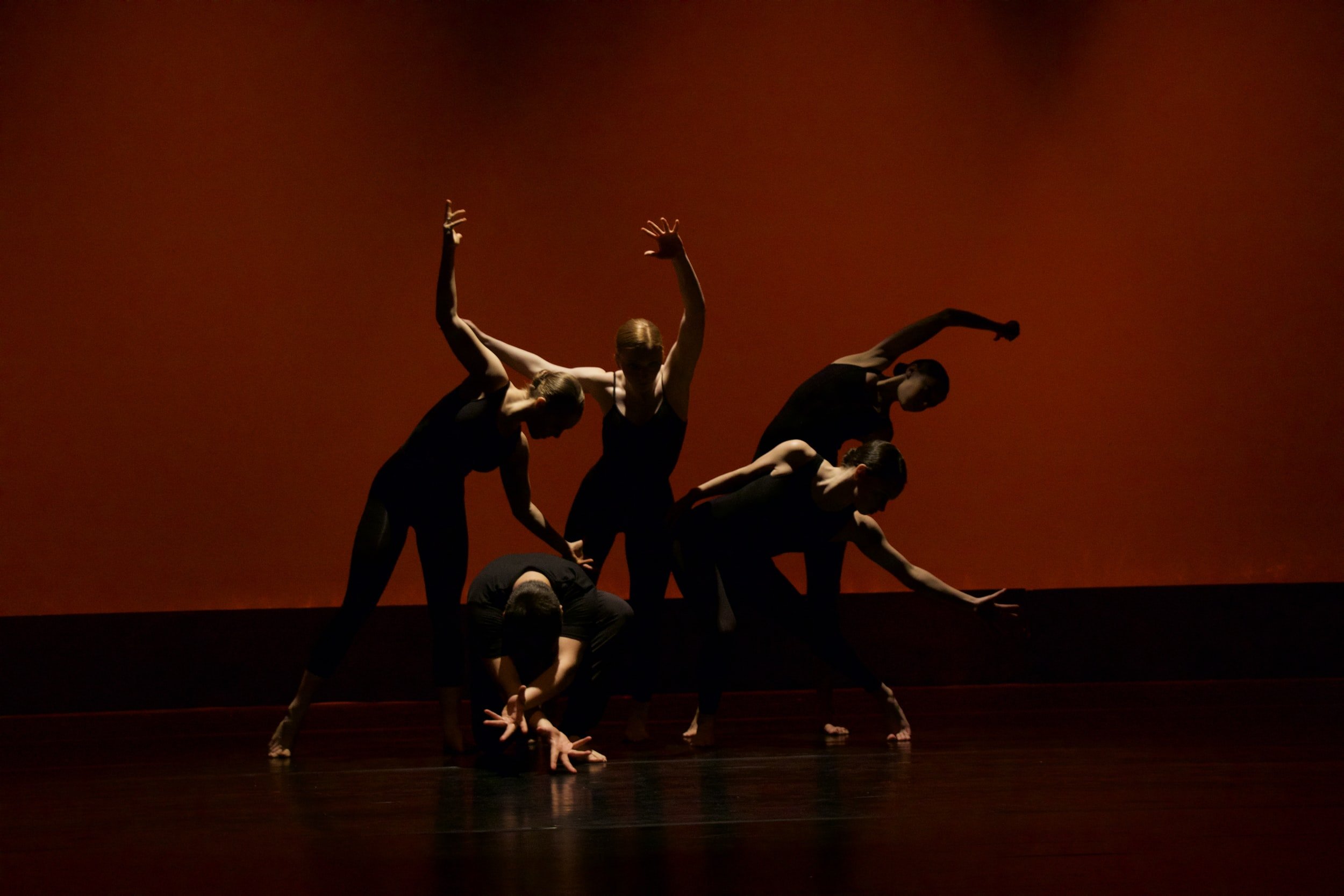 Dancers on a dimly lit stage in dramatic silhouetted poses