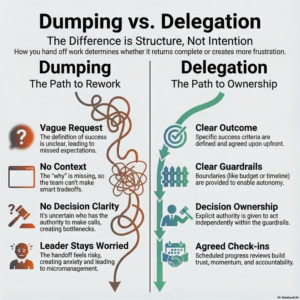 Diagram: Dumping vs. Delegation, contrasting the path to rework with the path to ownership
