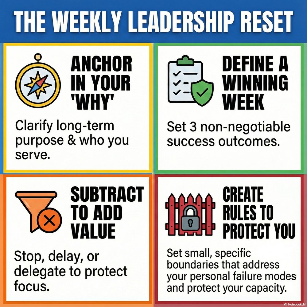 Diagram: The Weekly Leadership Reset, four steps to anchor in your why, define a winning week, subtract to add value, and create rules to protect you