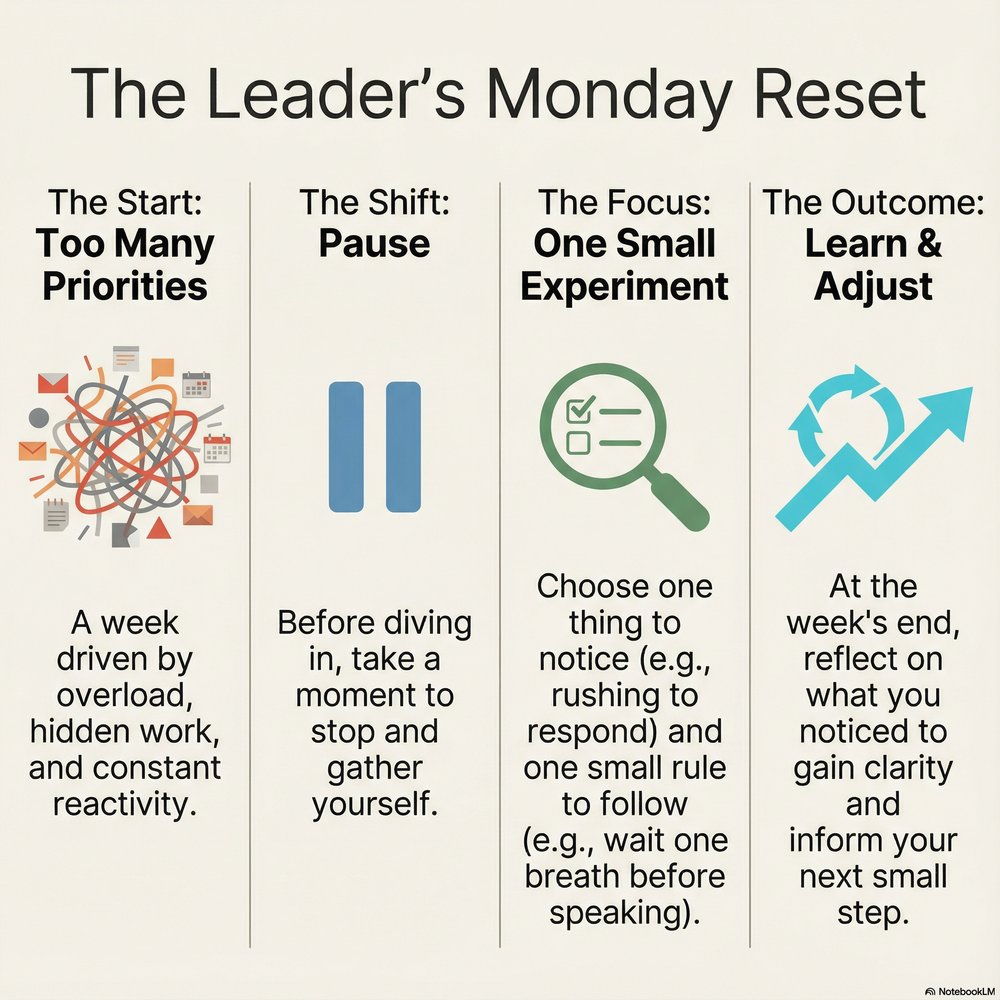 Diagram: The Leader&rsquo;s Monday Reset, moving from an overloaded week to one small experiment through pause, focus, and outcome