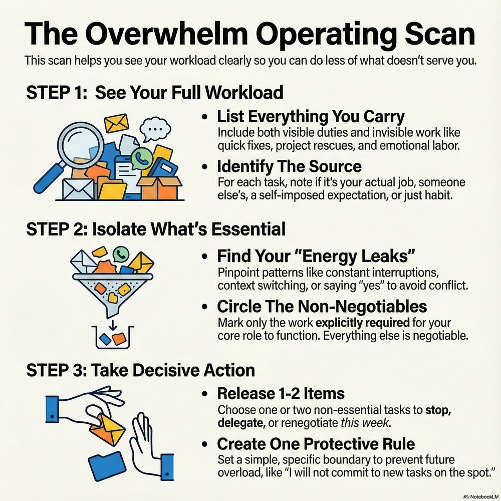 Diagram: The Overwhelm Operating Scan, a 3-step process to see your full workload, isolate what&rsquo;s essential, and take decisive action
