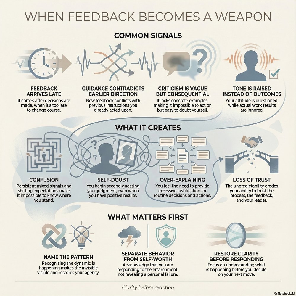 Diagram: When Feedback Becomes a Weapon, showing common signals, what they create, and what matters first to restore clarity